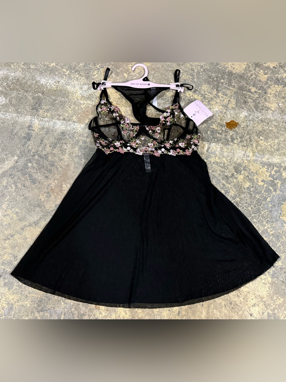 Bed of Roses Women’s L Black Floral-Embroidered Mesh Babydoll Nightdress